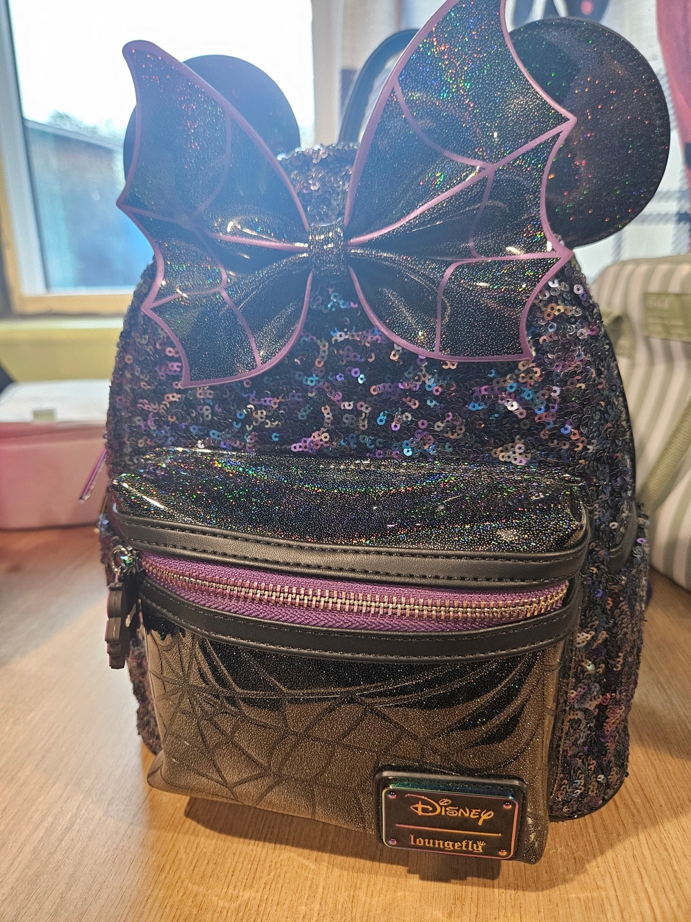 Loungefly Iridescent Purple Sequin Bat Bow Mini Backpack